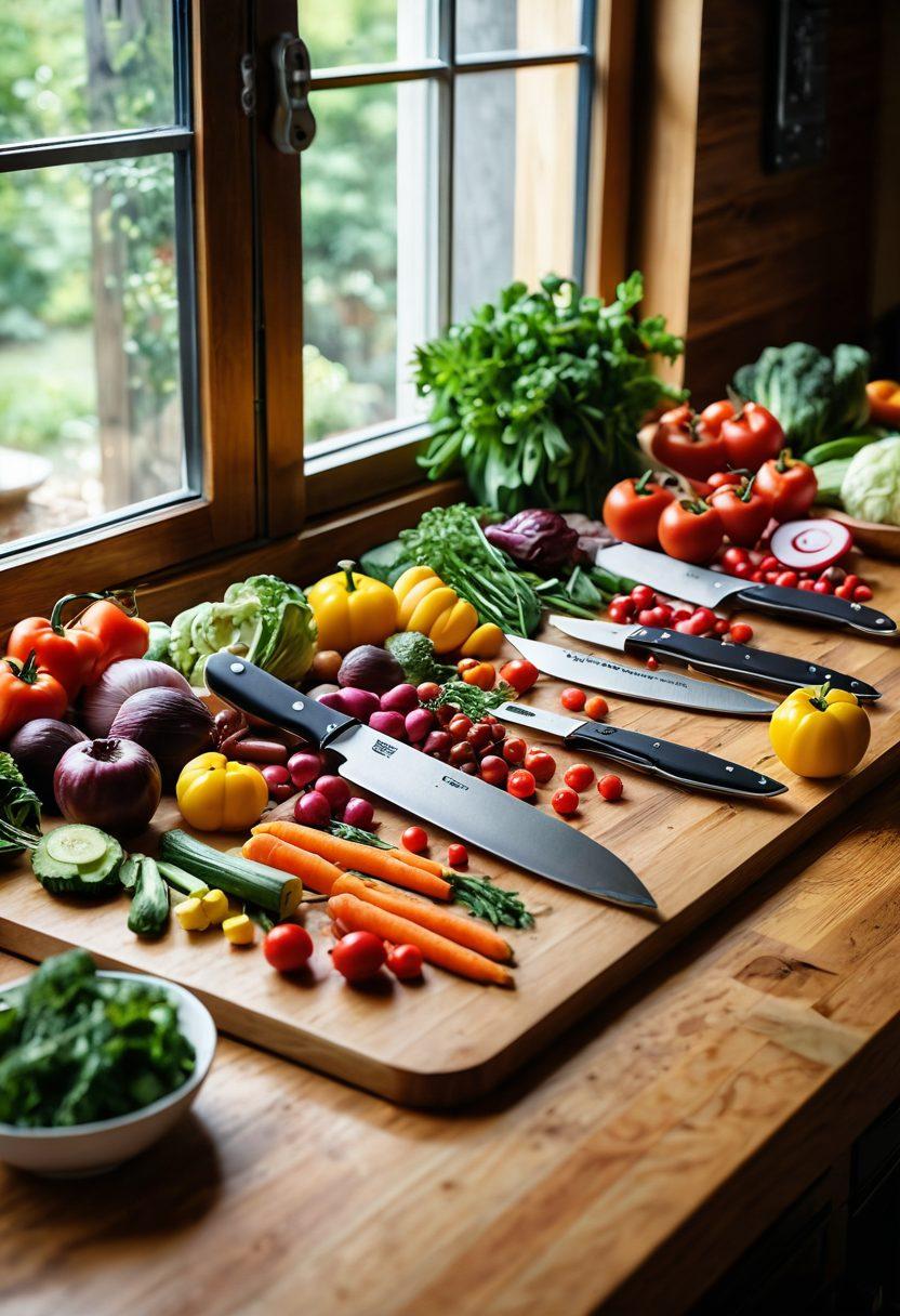 A vibrant kitchen scene showcasing a variety of Victorinox knives displayed elegantly on a wooden countertop, surrounded by colorful fresh ingredients like vegetables, herbs, and fruits. Soft natural light streaming through a window creates a warm atmosphere, and a gourmet meal being sliced in the background conveys culinary bliss. super-realistic. vibrant colors.