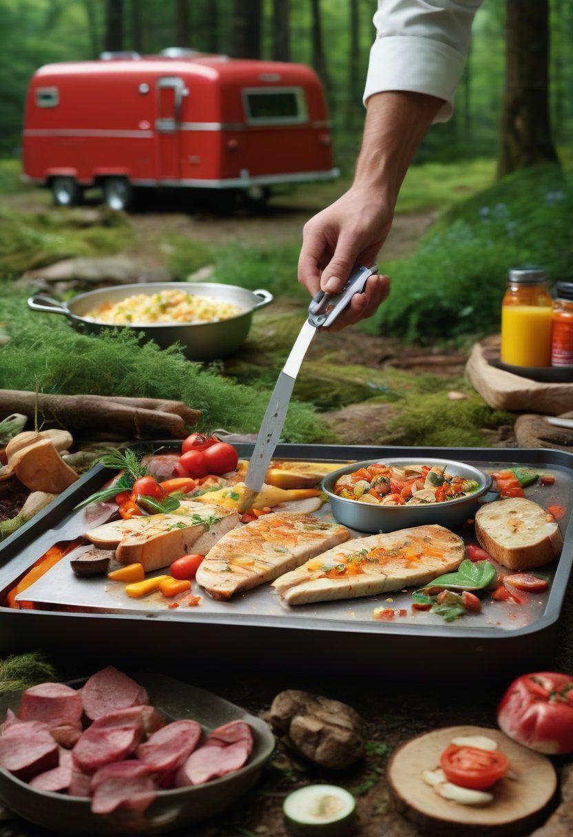 A split scene showcasing the versatility of Victorinox cutlery: on one side, a professional chef skillfully using a Victorinox knife in a vibrant kitchen filled with fresh ingredients, and on the other side, a camper using the same knife to prepare food over a campfire surrounded by nature. Bright colors and dynamic lighting emphasize both settings. super-realistic. vibrant colors. 3D.