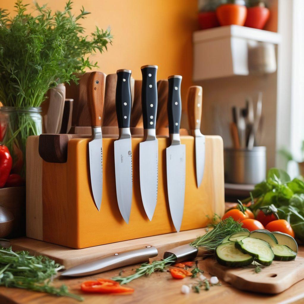 A vibrant and inviting kitchen scene showcasing a diverse array of beautifully designed knives arranged on a wooden cutting board, with fresh herbs and vegetables scattered around. The background should feature an elegant knife block and shelves filled with cookbooks and culinary tools, conveying a sense of joy and passion for cooking. Bright, warm colors to evoke a feeling of happiness. super-realistic. vibrant colors. soft focus.